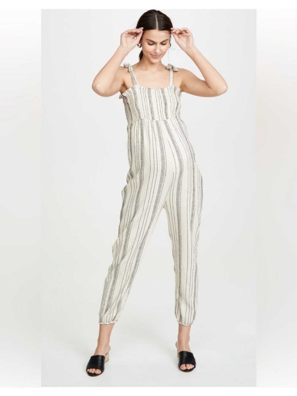 Hatch Jojo Cream Striped Maternity Jumpsuit Sz 1/Small